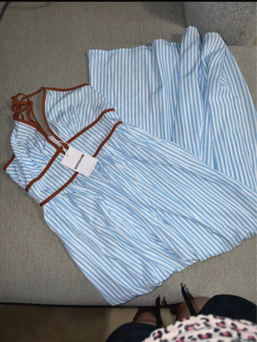 Blue and White Striped Strapless Dress with Brown Trim
